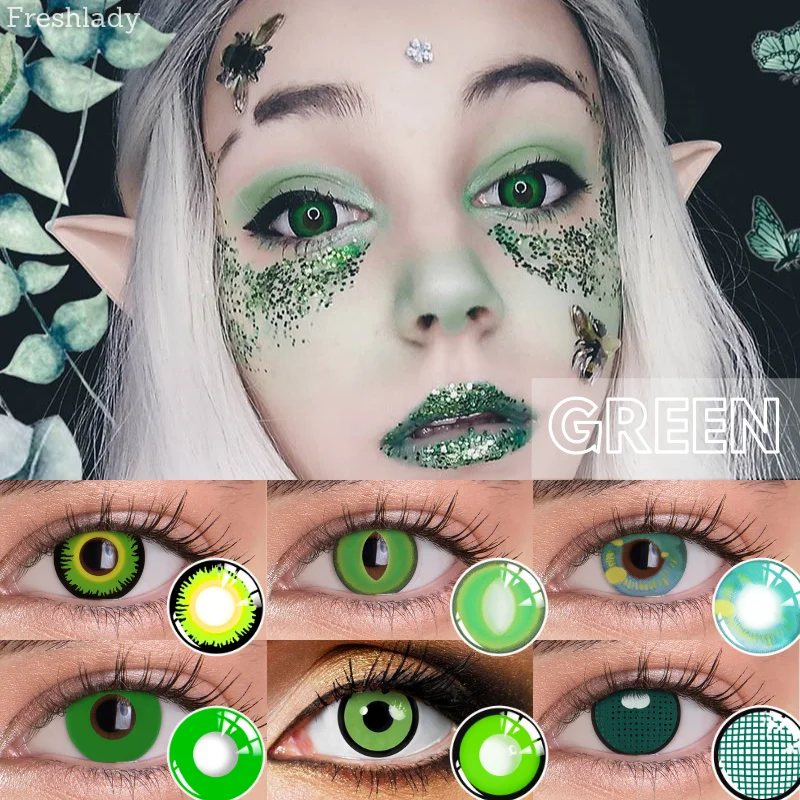 

UYAAI Green Colored Contact Lens For Eyes Yearly 1Pair Halloween Cosplay Lenses Dark Large Cover Beauty Pupil 14.5
