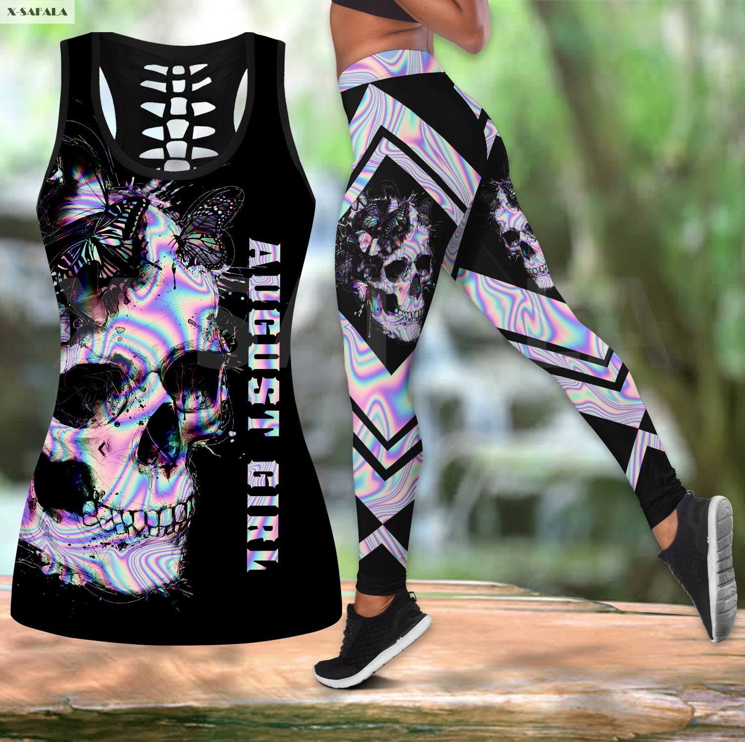 

Женский комплект для йоги August Girl из двух предметов с 3D принтом, жилет с вырезами, комбинированная майка, топ, леггинсы, талия, спортивный, быс...