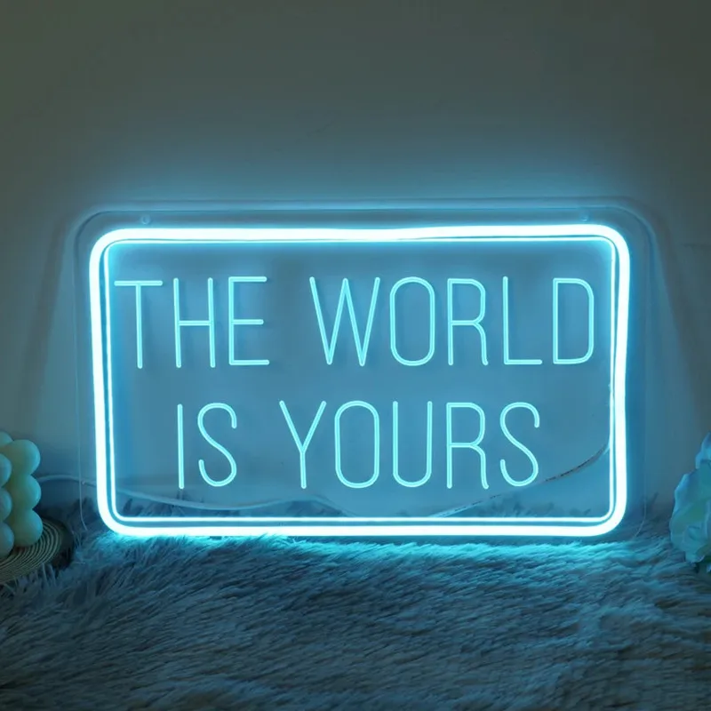 THE WORLD IS YOURS Neon Sign LED Neon Light Custom Neon Sign Ice Blue Home Room Wall Decor Engrave Neon Art Sign Birthday Gift