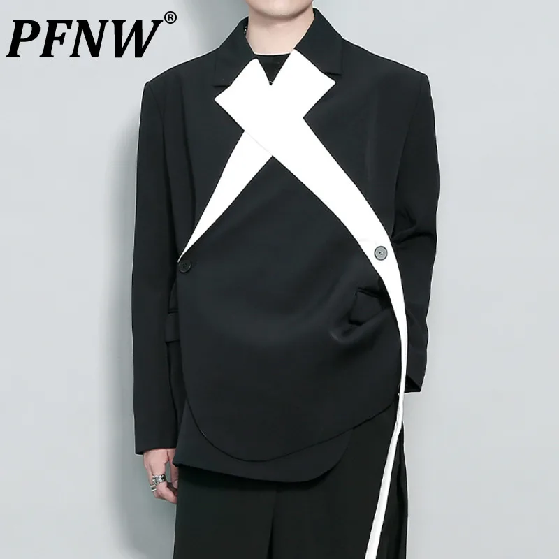

PFNW Autumn Winter New Men Asymmetric Length Contrast Irregular Tide Blazers Casual Spliced Single Button Suit Coat Tops 12A7152