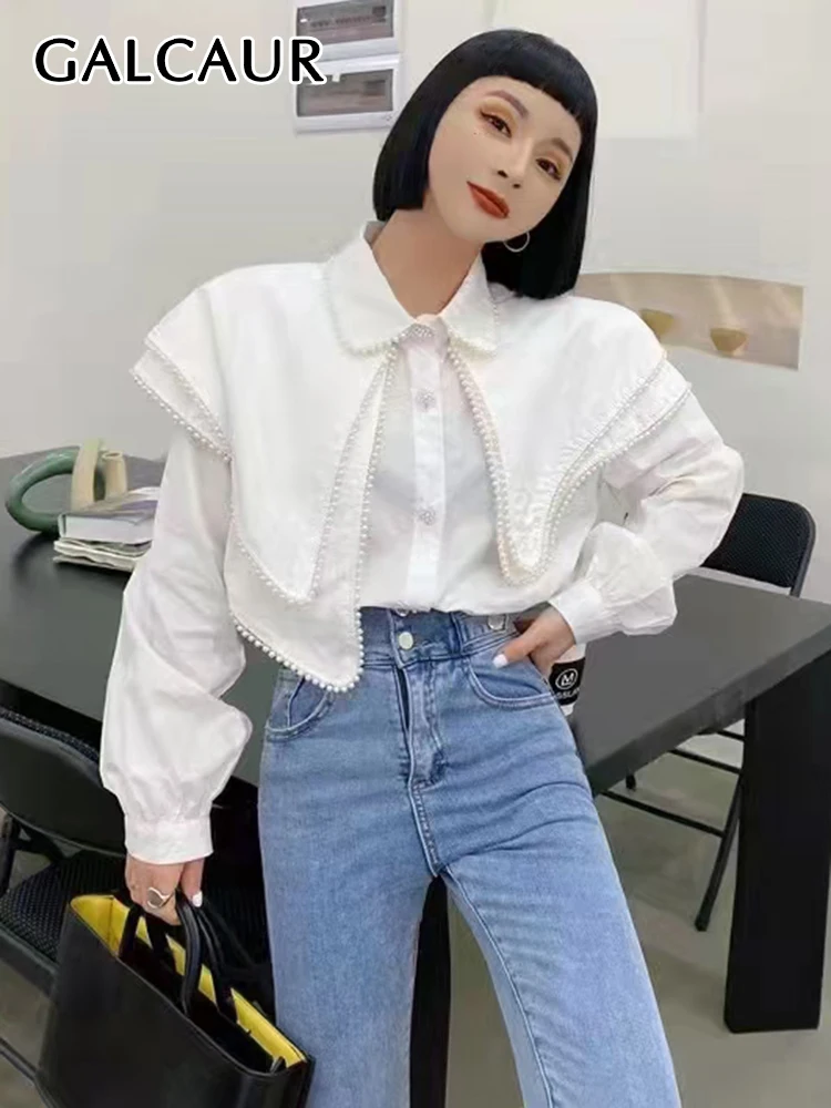 

GALCAUR White Straight Shirt For Women Peter Pan Collar Long Sleeve Solid Minimalist Patchwork Diamonds Blouses Female Fashion