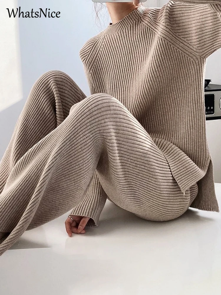 

New Korean Fashion Ladies Two Piece Sets Womens Outifits Loose Sweater and Knitted Wide Leg Pants Casual Cute Girls Suit Female