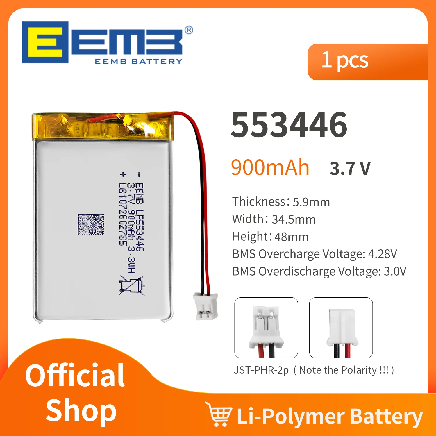 

Аккумулятор EEMB 553446, 3,7 в, 630 мАч, литий-полимерный аккумулятор для видеорегистратора, фонарика, Bluetooth-динамика, GPS-навигатора, камеры