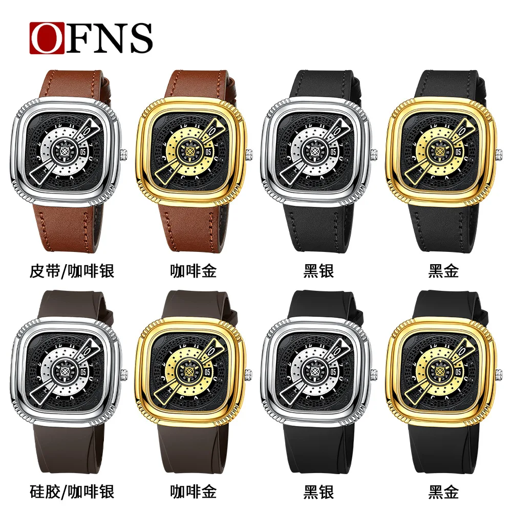 Фото Мужские кварцевые часы Fashion Ofns 1312 с креативным квадратным циферблатом в стиле скелетона, многофункциональные, водонепроницаемые, с ремешком из натуральной кожи. №3