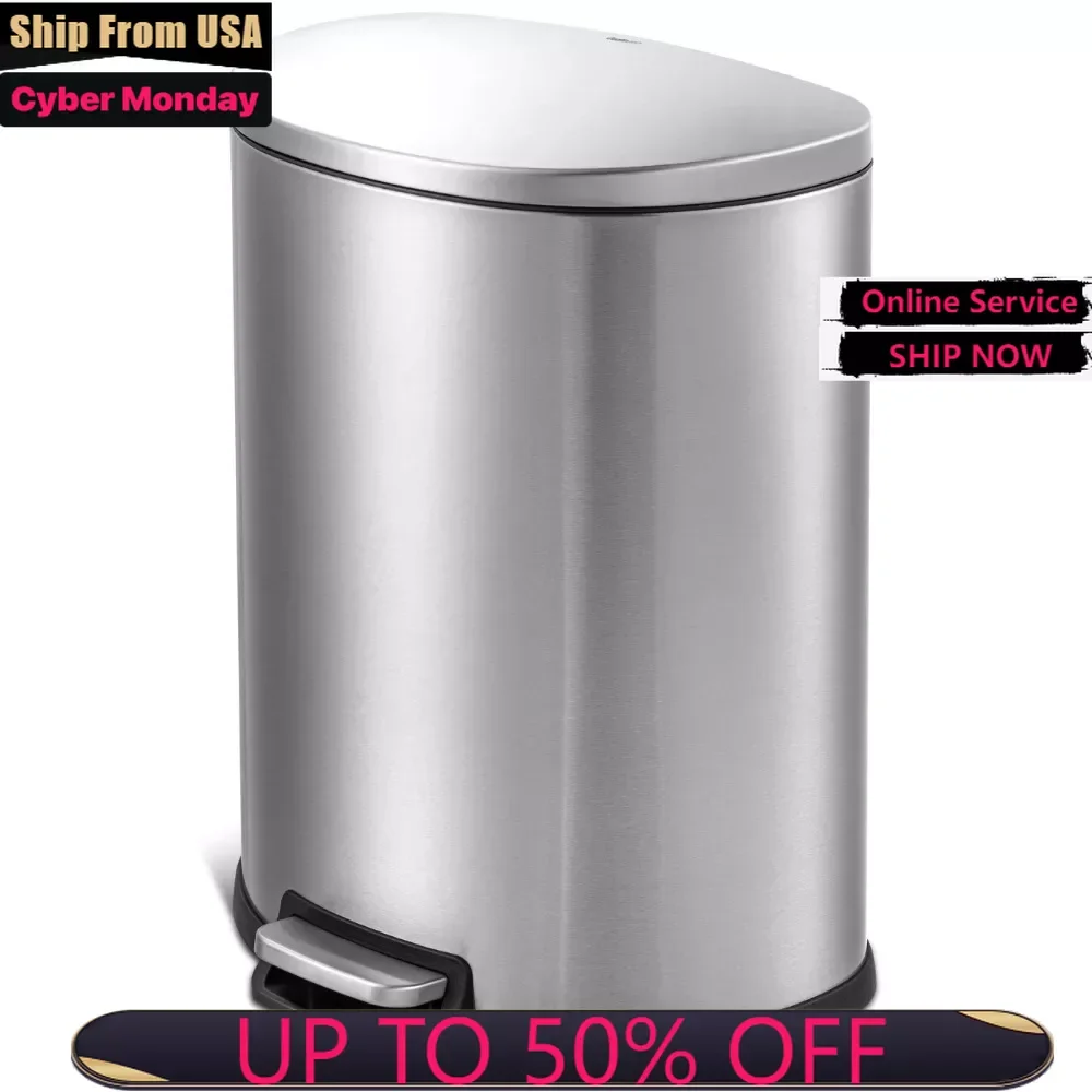 

13.2 Gallon Trash Can, D-Shape Step On Kitchen Trash Can, Stainless Steel