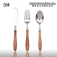 log solid wooden handle spoon knife fork dinnerware set 304 stainless steel cutlery household traditional chinese tableware set