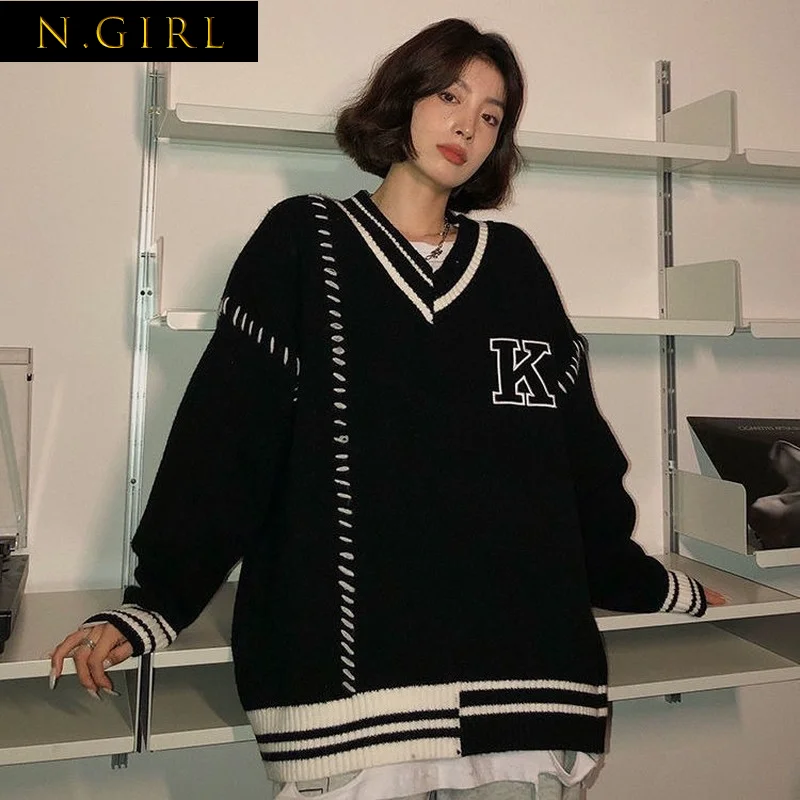 

V-neck Pullovers Women Fashion Chic Loose Knitting Sweaters Females Streetwear Preppy Style Patchwork Ulzzang Long Sleeve New
