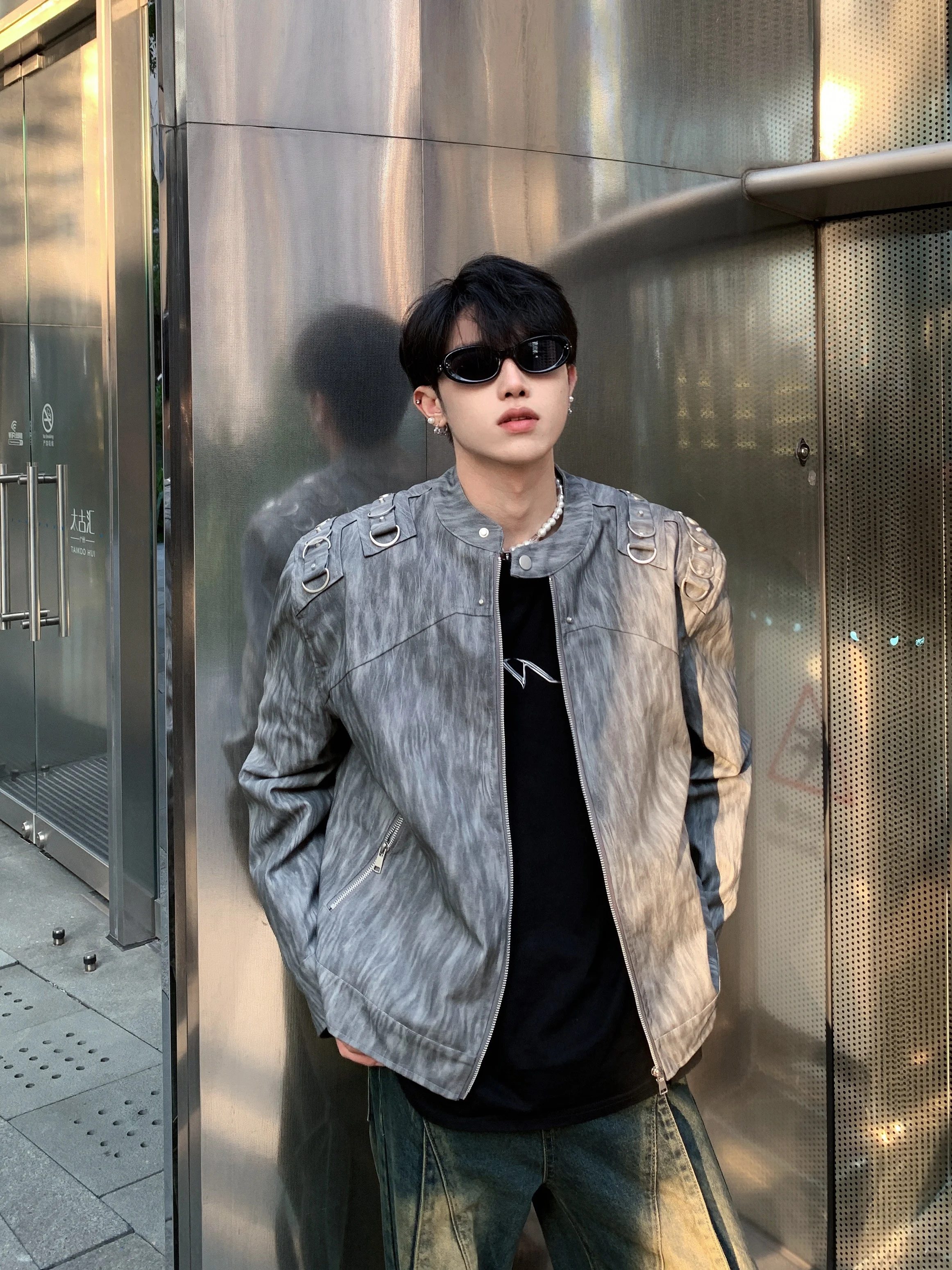 0H Studios/American vintage Distressed Shoulder Pad Motorcycle Leather Coat Outerwear Men's Design Sense Quilted Crop jacket