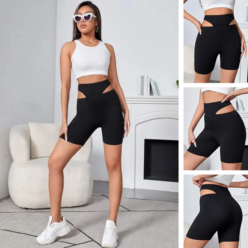 

Шорты женские тонкие для фитнеса, повседневные Модные байкерские шорты с завышенной талией, облегающие ажурные Брюки, черные велосипедные ...