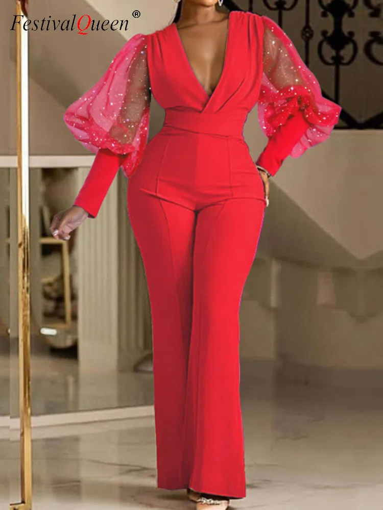 

Y2K Mesh Jumpsuit For Women V-neck Elegant 2023 Summer Elastic Waist Perspective Spliced Sleeve Female European Fashion Playsuit