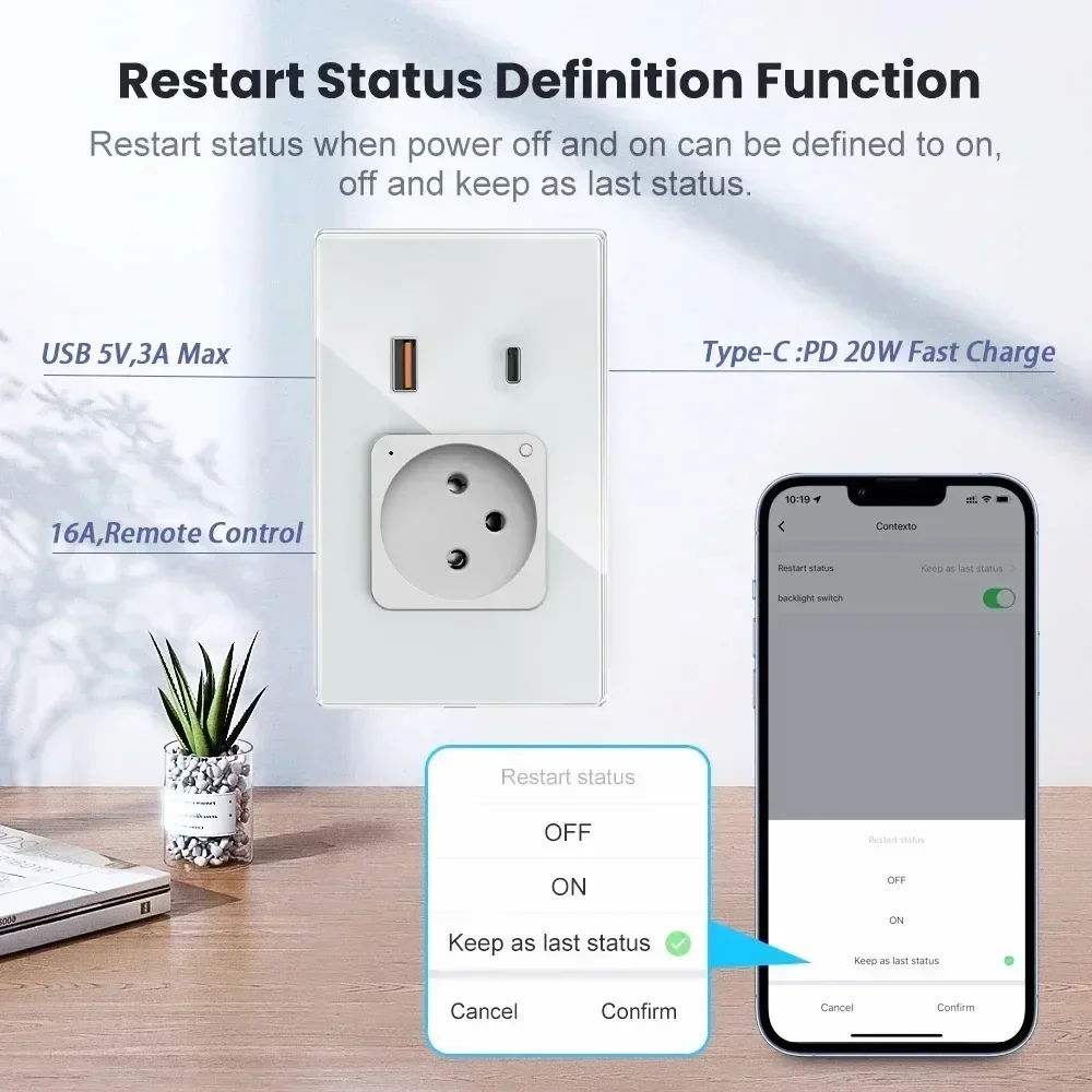 Melery Israel Wi-Fi Tuya Настенная розетка USB Type-C PD 30 Вт Зарядка Smart Plug Розетка Стеклянная