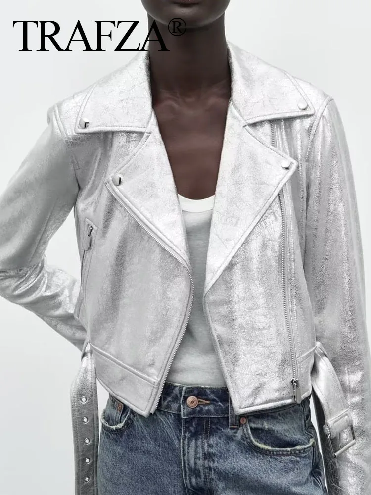 

TRAFZA 2023 Cool Woman Silver Metal Cropped Jacket For Women Streetwear Moto Biker Zipper Jacket Female Long Sleeve Coat