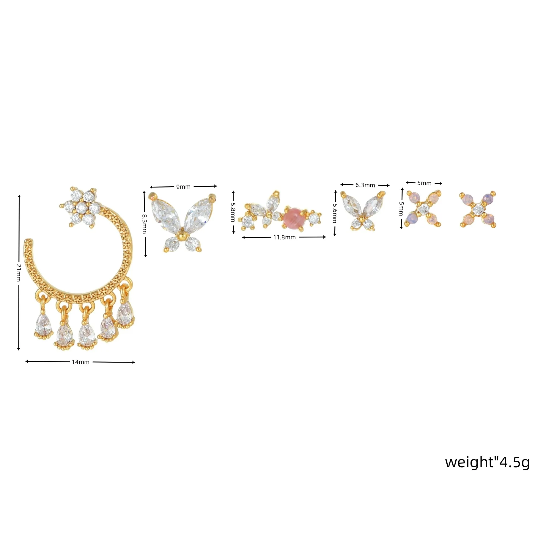 6-piece Cubic Zircon Butterfly Flower Drop Fringe Pendant Earrings Set Newly Designed Women's Elegant Party Gift Jewelry 2023