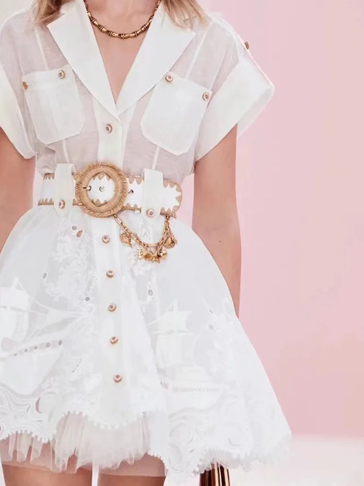 

zimm 2022 Women White Notched Lapel Collar V-neck Embroidered Belt Empire Waist Summer Mini Dress High Quality