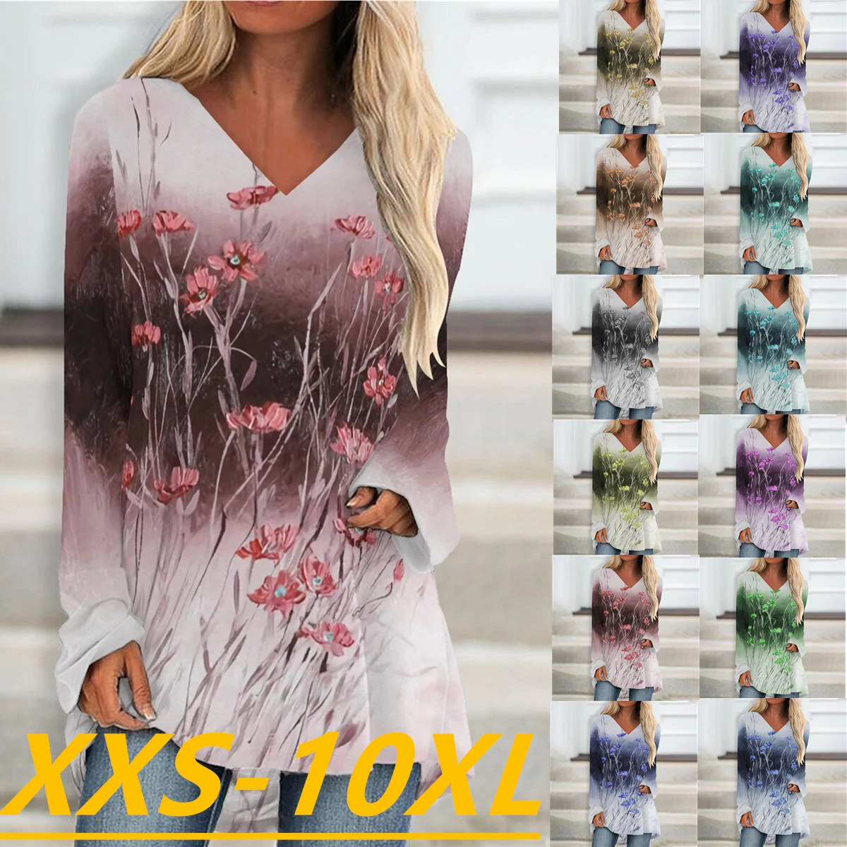

Autumn/Winter 2022 Fashion Women's Printed V-Neck Long Sleeve Casual Plus Size Top XXS-10XL