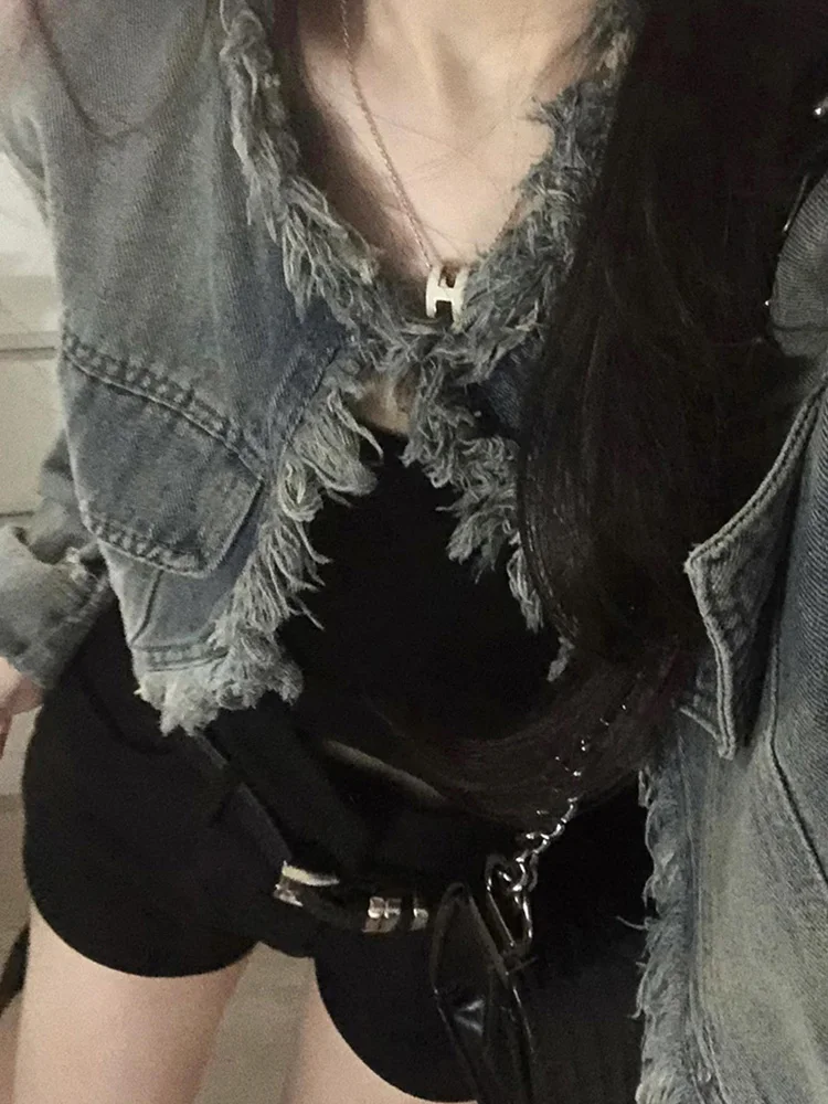 Plus Size American Fashion Brand Short Denim Cardigan Outerwear Women Chic Tassel Design Sense Gyaru Top