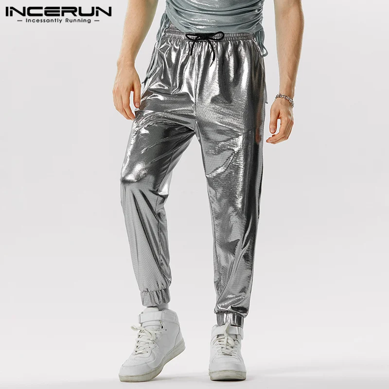 

2023 Men Pants Shiny Drawstring Joggers Loose Streetwear Stylish Trousers Men Solid Color Sparkling Party Pantalon S-5XL INCERUN