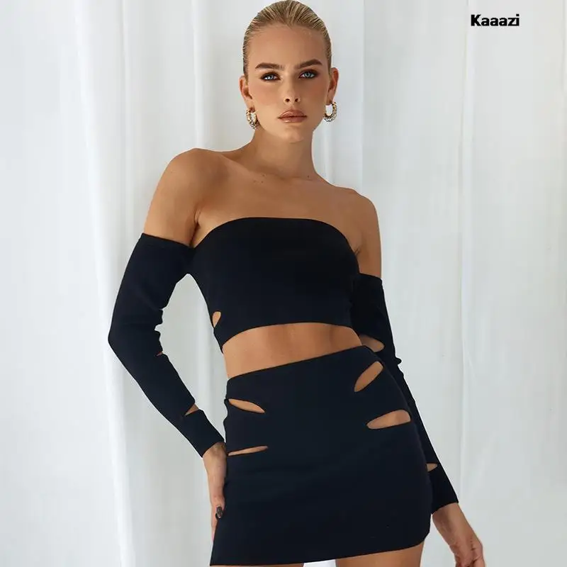 

Женский укороченный топ на бретельках, черная ажурная Сексуальная мини-юбка с вырезами, комплект из двух предметов, Топ без бретелек с длинным рукавом, уличная одежда