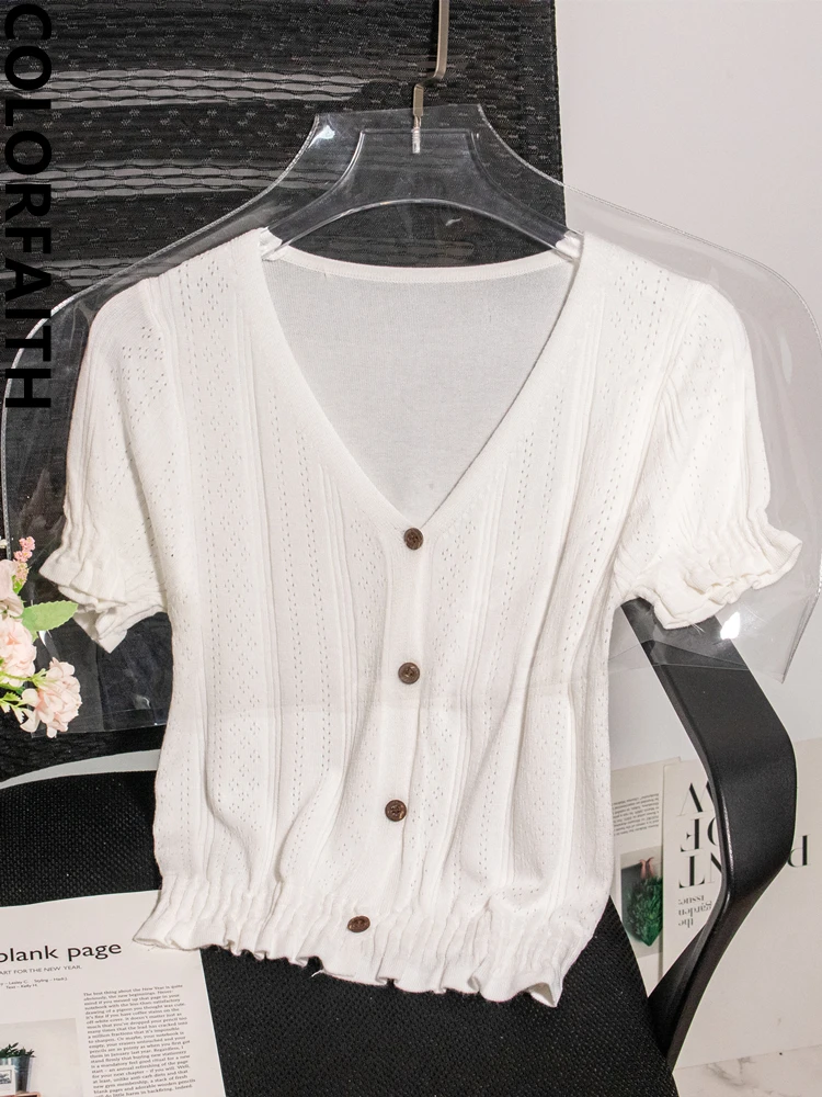 

Colorfaith New 2022 Chic Korean Fashion Cutout Cardigans Knitted V-Neck Sweater Women Summer Vintage Elegant Lady Tops SWC1944JM