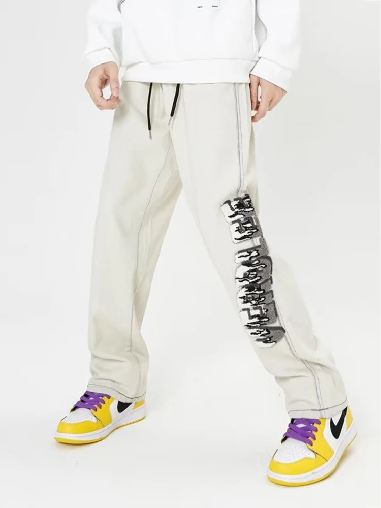 European and American Fashion Retro Flame Letters Men Baggy Jeans Women Y2K High Street Loose Straight Pants Trousers Denim