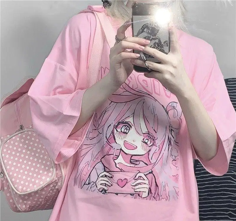 

Y2K Anime kawaii oversized Casual cute Tops Summer Fashion Punk o-neck Short-Sleeves Unisex Streetwear t-shirt Women Wild tops