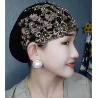 2022 summer beading turban cap for women lace head wraps female head scarf bonnet embroidery ladies hat hair cover beanies