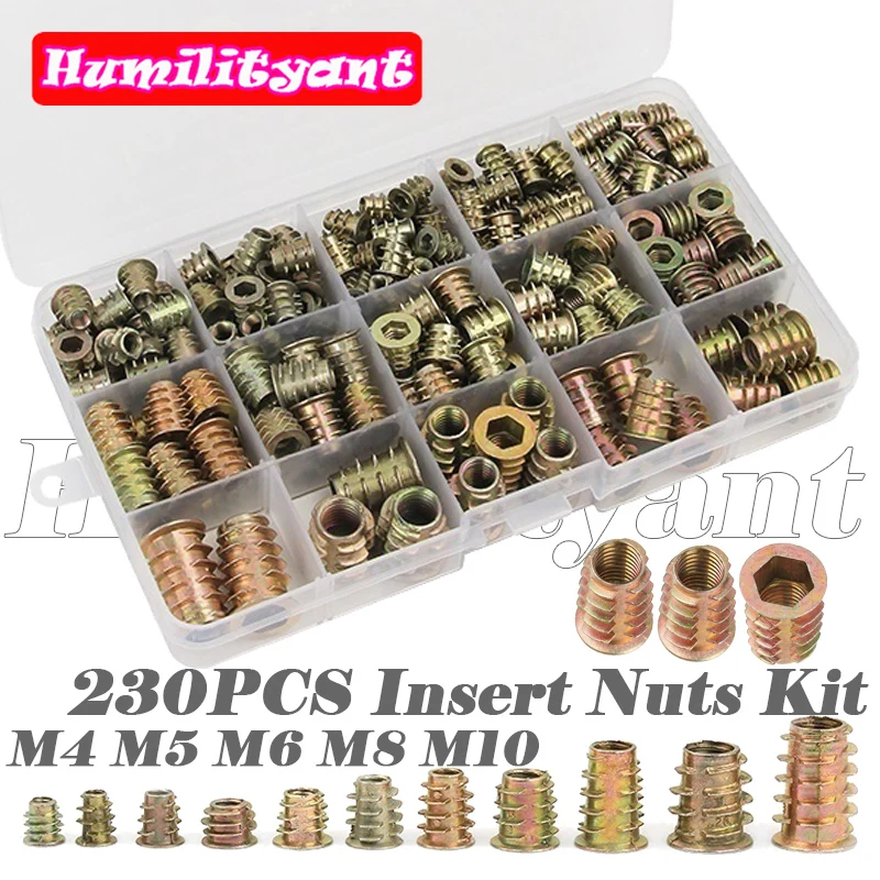 

230PCS Hex Socket Screw Nut Assortment Flanged Hex Drive Head Furniture Nuts M4 M6 M8 M10 Zinc alloyl Thread For Wood Insert Nut