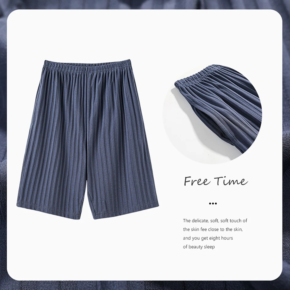 4XL Cotton Solid Striped Pijama Pants Summer Loose Pajama Shorts Double Pockets Breathable PJ Pants Elastic Waist pyjama homme
