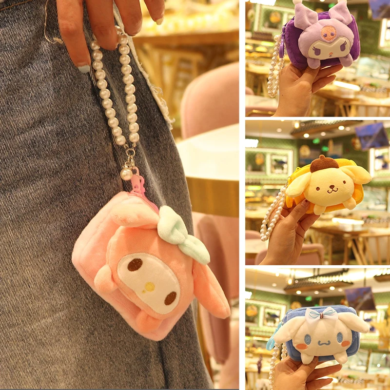 

Kawaii Cartoon Kuromi My Melody Cinnamon Pompom Purin Plush Coin Purse Anime Doll Pearl Lanyard Bag Pendant Wallet Bag Gifts Toy