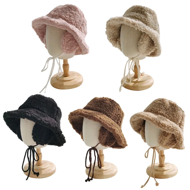 

Women Autumn Faux Wool Solid Color Bucket Hat with Earflap Chin Strap Thicken Fuzzy Plush Thermal Warm Panama Fisherman Cap Ear