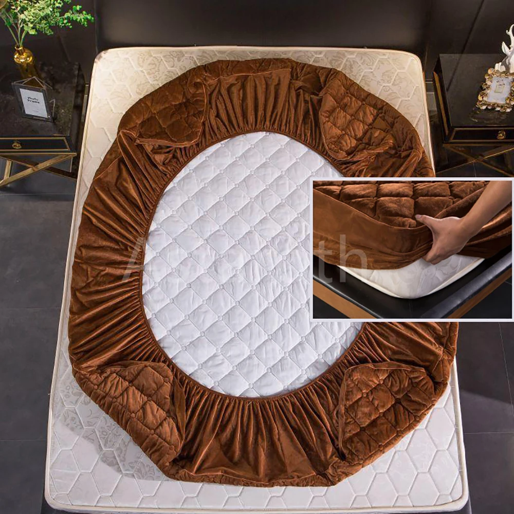 

Plush Thicken Quilted Mattress Cover Warm Soft Crystal Velvet King Queen Quilted Bed Fitted Sheet Not Including Pillowcase