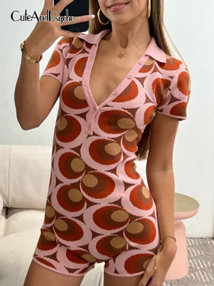 

Cuteandpsycho Graphic Printing Knitted Jumpsuits Y2K Chic Fashion Aesthetic Rompers Buttons Harajuku Summer Hot Outfits Vintage