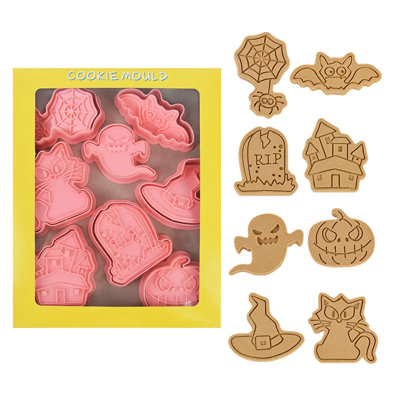 

8 шт. форма для печенья на Хэллоуин, форма для печенья в виде тыквы, призрака, печка для печенья, пластиковая 3D форма для печенья, инструменты ...