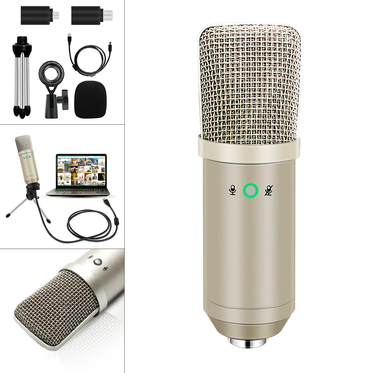 

Upgraded BM-750 USB Microphone Metal Condenser Live Microphone with Tripod and Button Control Function for Live / Sing / Chat