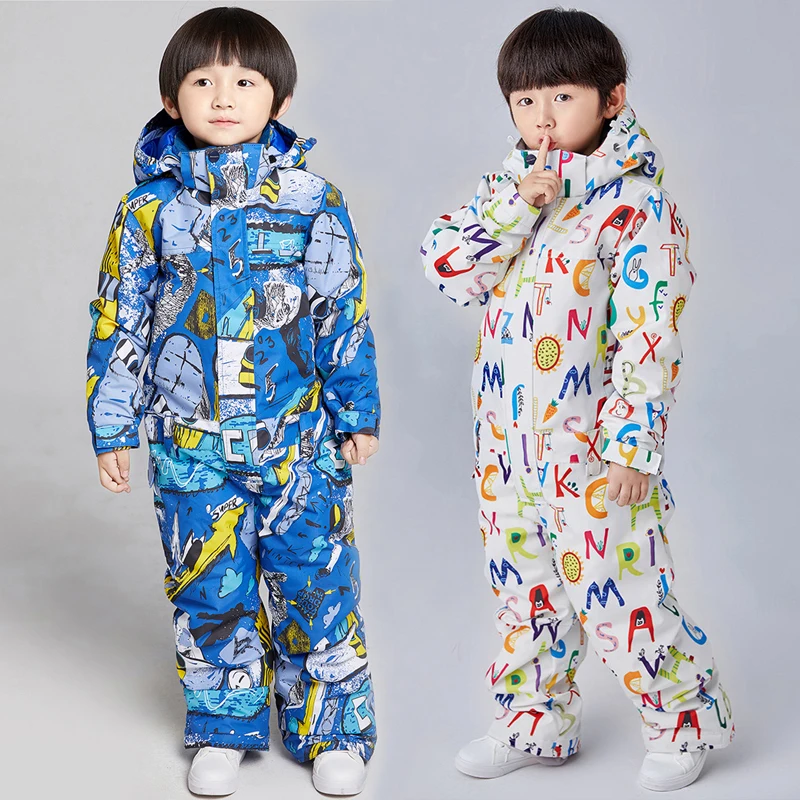 2022 Winter Warm One Piece Ski Suits Boy Hooded Children Overalls Waterproof Kids Jumpsuits Fleece Baby Snow Set Cartoon Clothes