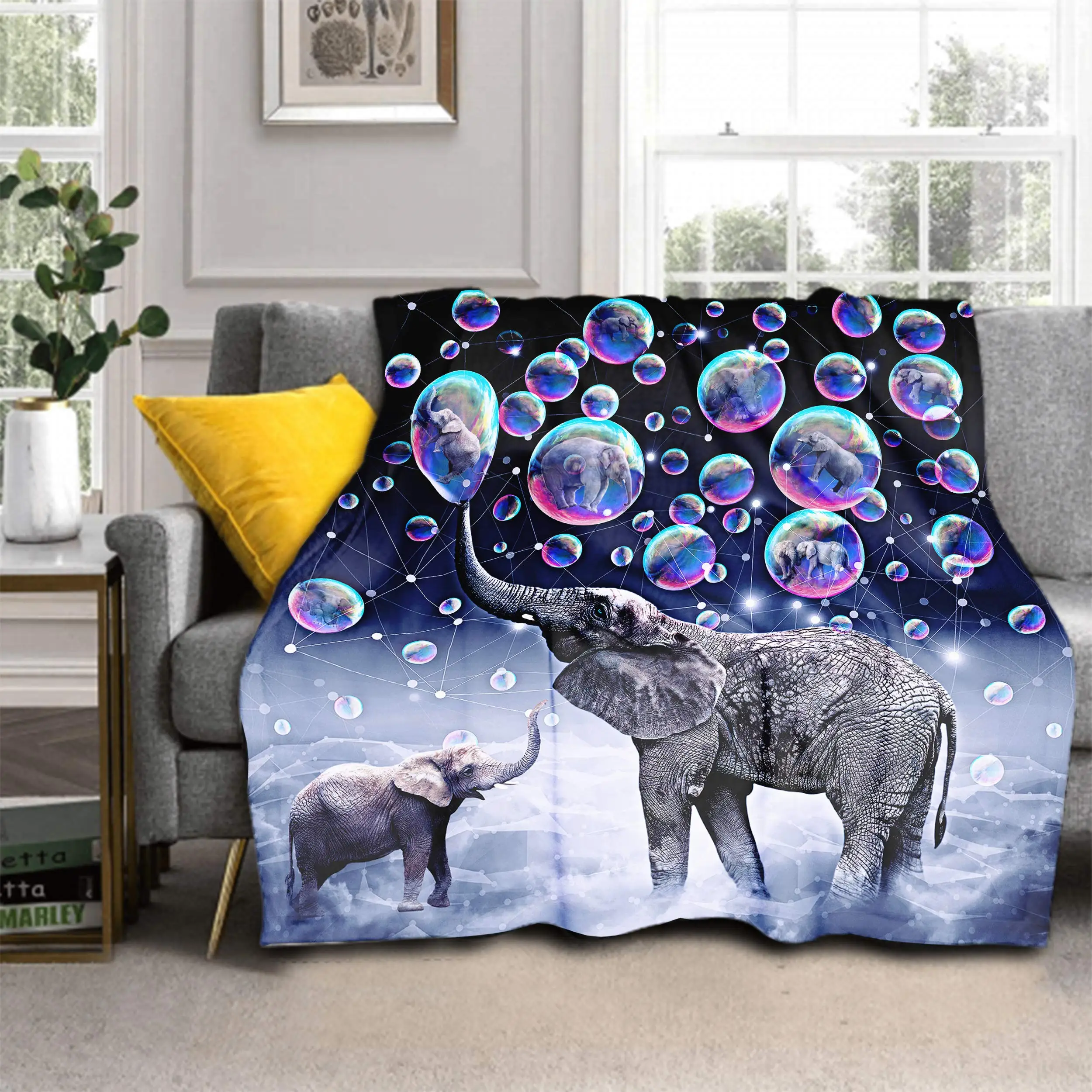 

Elephant Blanket Cute African Animals Print Throw Blanket Colorful Dreamy Bubbles Pattern Cozy Warm Flannel Blankets Home Decor