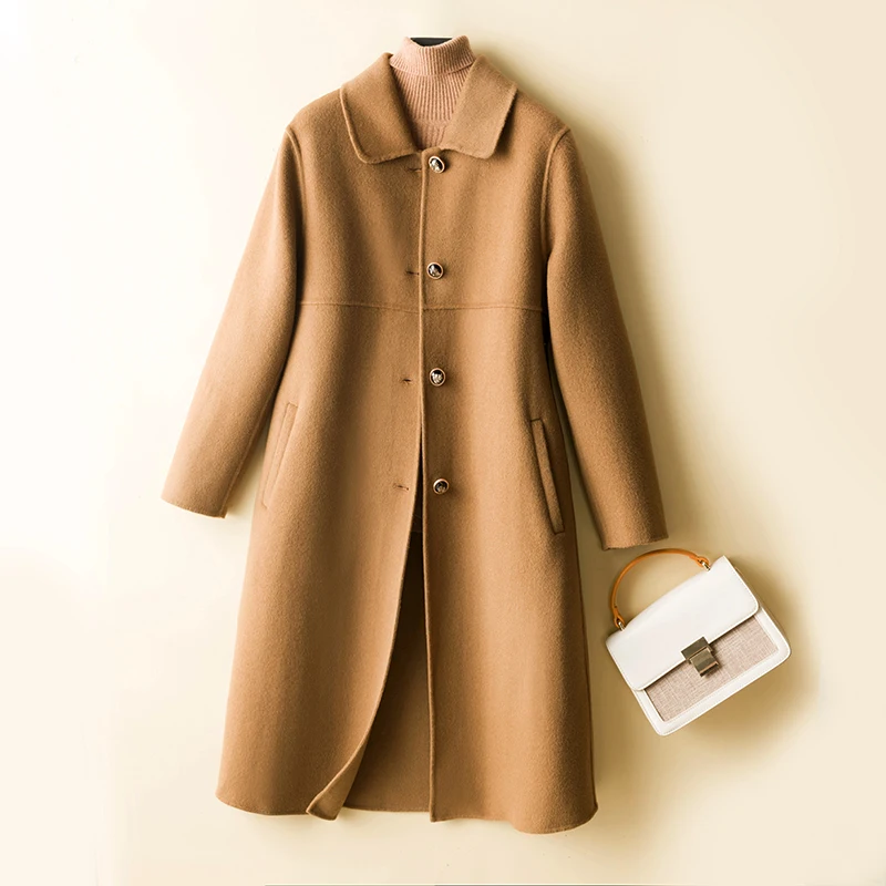 Autumn and winter doll collar double-sided cashmere coat women's 100% pure woolen coat mid-length