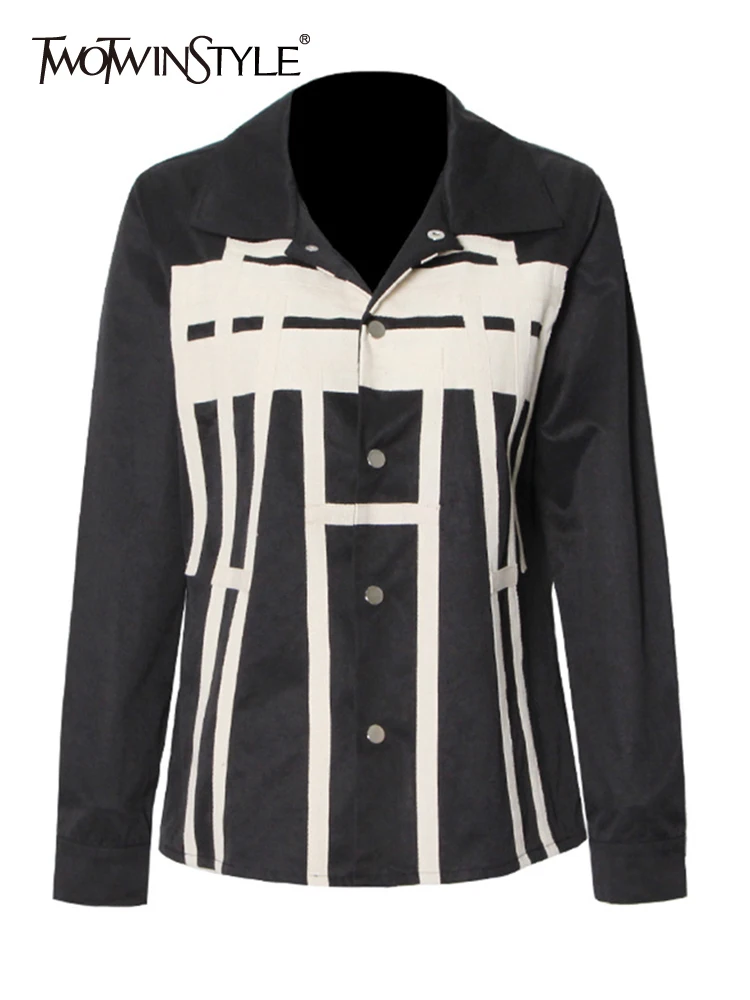 

TWOTWINSTYLE осенняя куртка для женщин с отворотом и длинным рукавом в стиле пэчворк, в полоску, с цветными блоками, однобортные куртки, женская од...