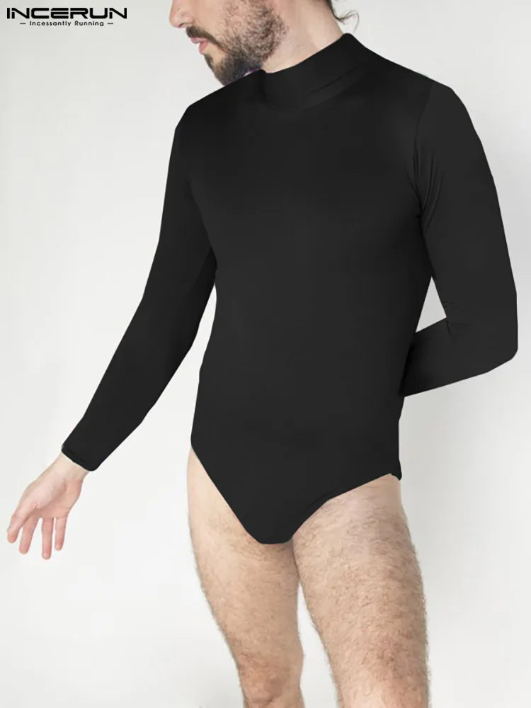 

INCERUN Men Bodysuits Turtleneck Solid Zipper Long Sleeve Streetwear Sexy Men Bodysuits Underwear Skinny Pajamas Rompers S-5XL
