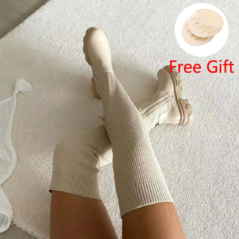 

2022 Flat Over The Knee Boots Stitched Leather Boots Sock Boots Sexy Thin Side Zipper Solid Color Women Shoes Autumn and Winter