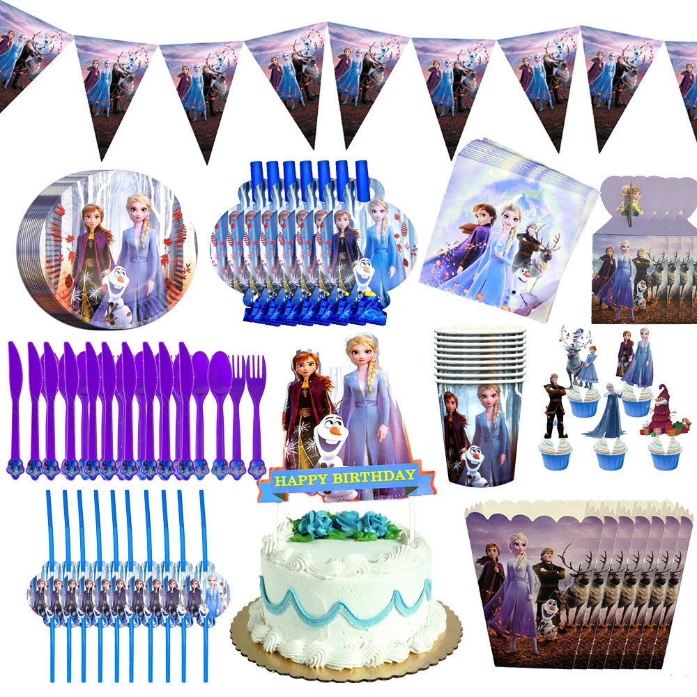 

Disney Frozen 2 Party Cutlery Set Kawaii Girls Birthday Decorations Supplies Kids Cartoon Plates Disposable Tablecloth Gift Bags