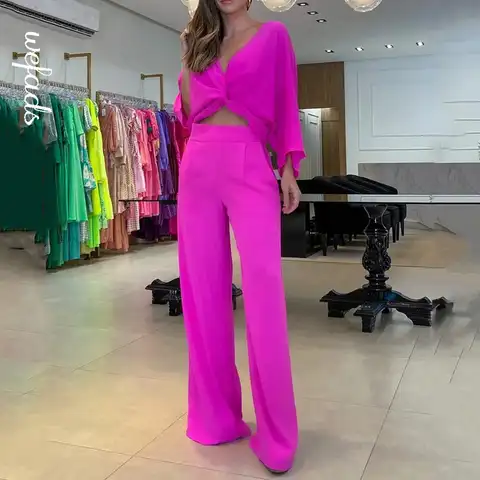 Wefads Women Two Piece Set Sexy Fashion Solid Loose Long Sleeve Top Loose Wide Legs With Pockets Pants Sets High Streetwear