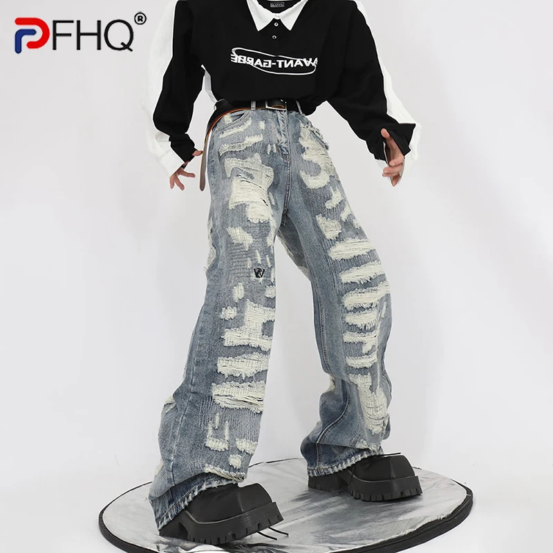 

PFHQ Vintage Patched Wornout Niche Design Men Jeans Street Baggy Straight High Quality 2023 Wide Leg Pants Stylish Male Trousers