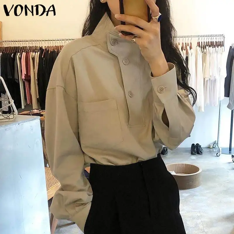 

Женские блузки VONDA 2022, повседневные однотонные топы с высоким воротником и длинным рукавом, женские блузы с воротником-стойкой, женские руба...