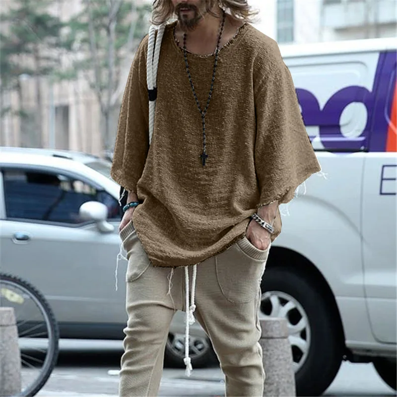 Linen shirt 22ssTrendy men's hollow out deep O-neck loose casual solid color Pullover breathable oversize male T-Shirt Top