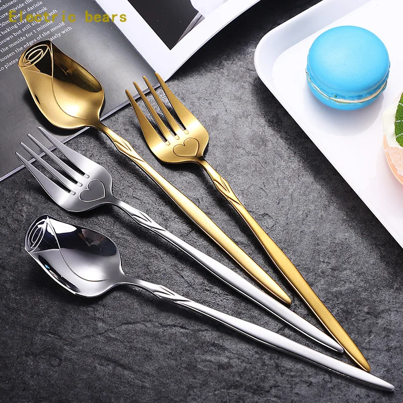 

Rose Dessert Spoon Fork Coffee Teaspoon Stainless Steel Tablespoon Gold Ice Cream Salad Spoon Fork Home Tableware Decoration