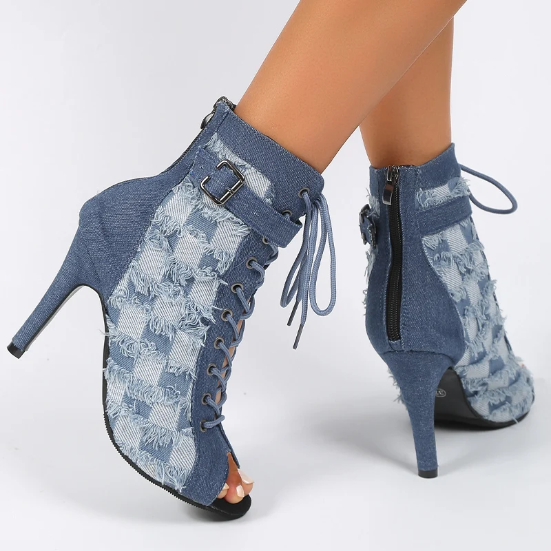 

Босоножки женские из денима на высоком каблуке, Крутые ботинки, осень 2023, дизайнерская Новая Привлекательная Классическая обувь, туфли-лодочки на молнии, обувь для выпускного вечера