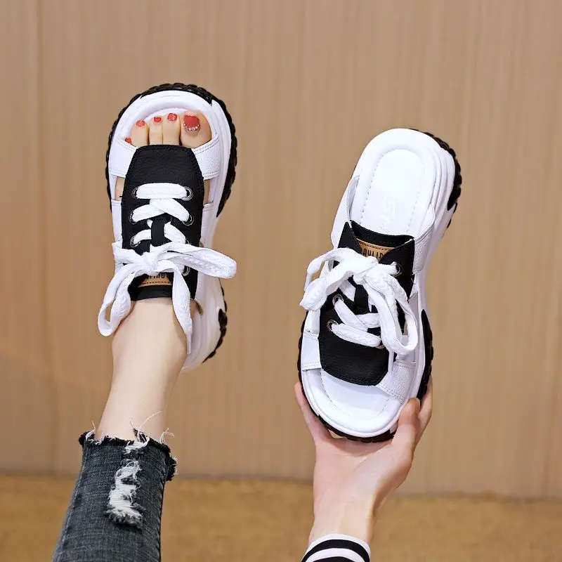 Thick Bottom Casual Sandals Women's 2023 Summer New Soft Bottom Non-Slip Lace-up Dad Shoes All-Match Sports Flip Flops