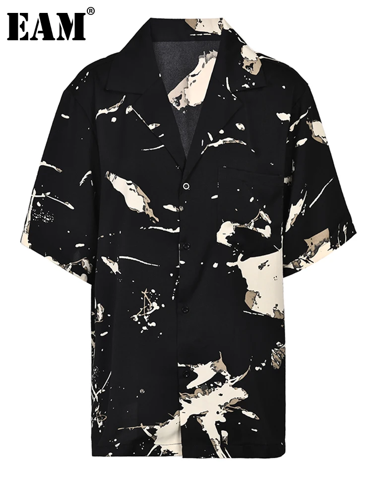 

[EAM] Women Black Big Size Print Casual Blouse New Lapel Half Sleeve Loose Fit Shirt Fashion Tide Spring Autumn 2023 1DF8361