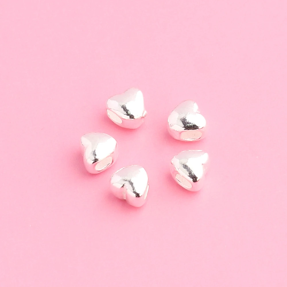 4 Pcs S925 Sterling Silver Beads Three-dimensional Heart-shaped Loose Beads DIY Handmade Necklace Perforated Bracelet Accessory